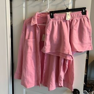 Aerie fleece button down and short set. Pink. NWT. Top is xs. Shorts are s.